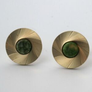 Vintage Anson Gold Tone Spiral Starburst Cufflinks Green Jade Stone Cabochon MCM